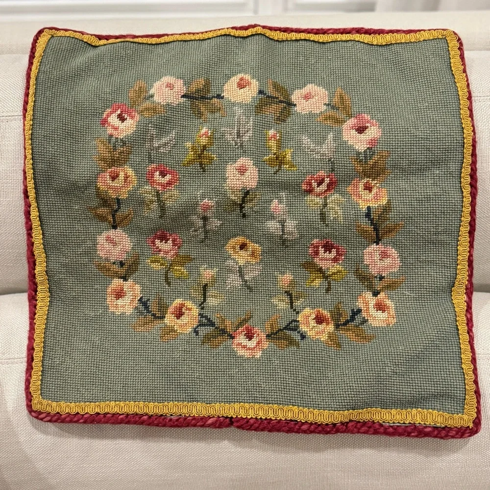 1Hand Crafted Vintage  Rose Floral In Scroll Needlepoint Pillow Cover